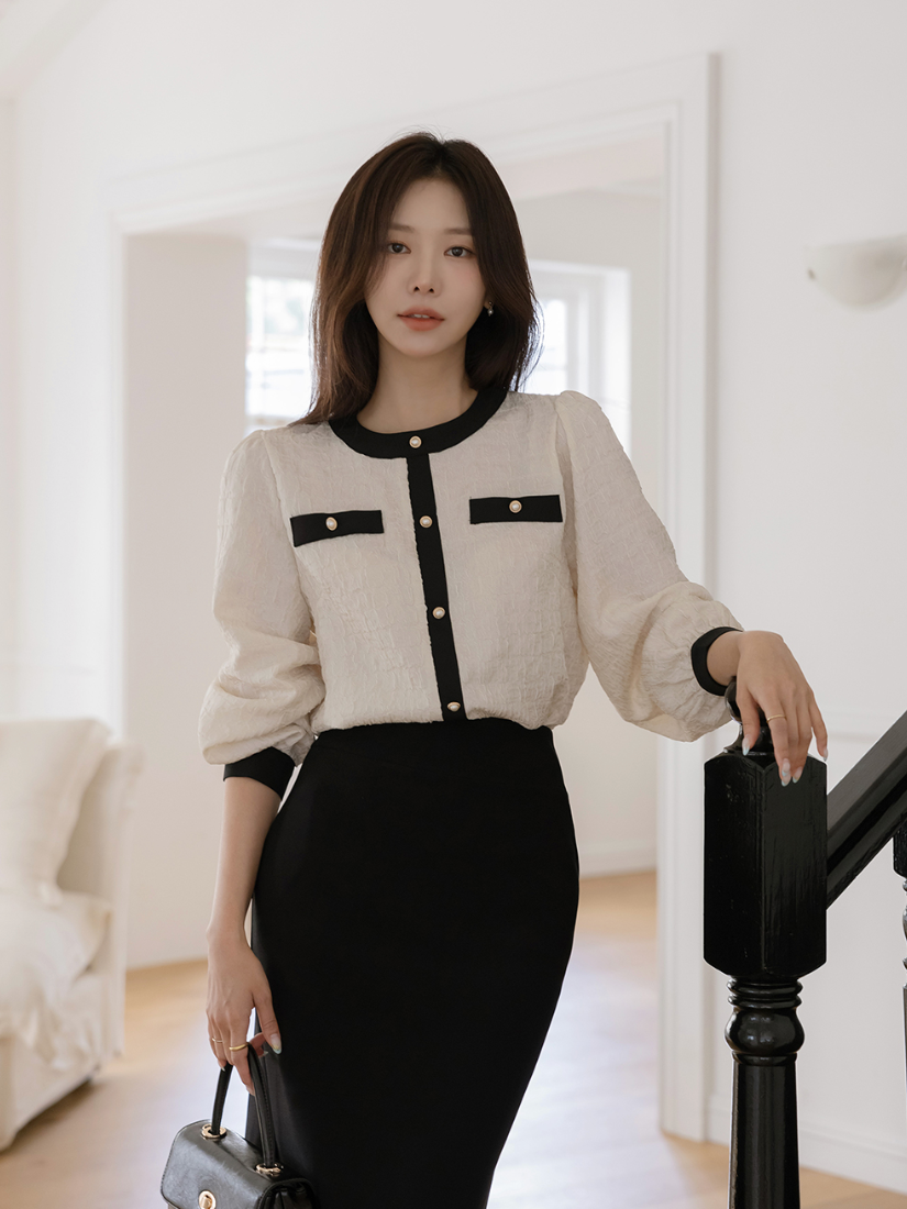 Freya 撞色褶皺珍珠釦襯衫 [ 2色 / Free ]