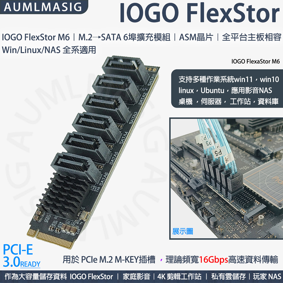 IOGO FlexStor M6｜M.2→SATA 6埠擴充模組(3年保)｜ASM晶片｜全平台主板相容  Win/Linux/NAS 全系適用 支持多種作業系統win11，win10  linux，Ubuntu，應用影音NAS  桌機 ，伺服器， 工作站，資料庫