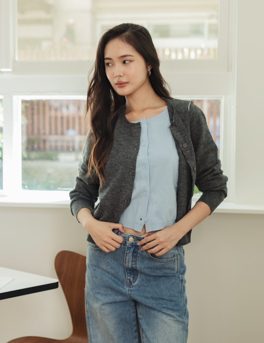 假兩件配色造型針織上衣（灰色/2尺寸）