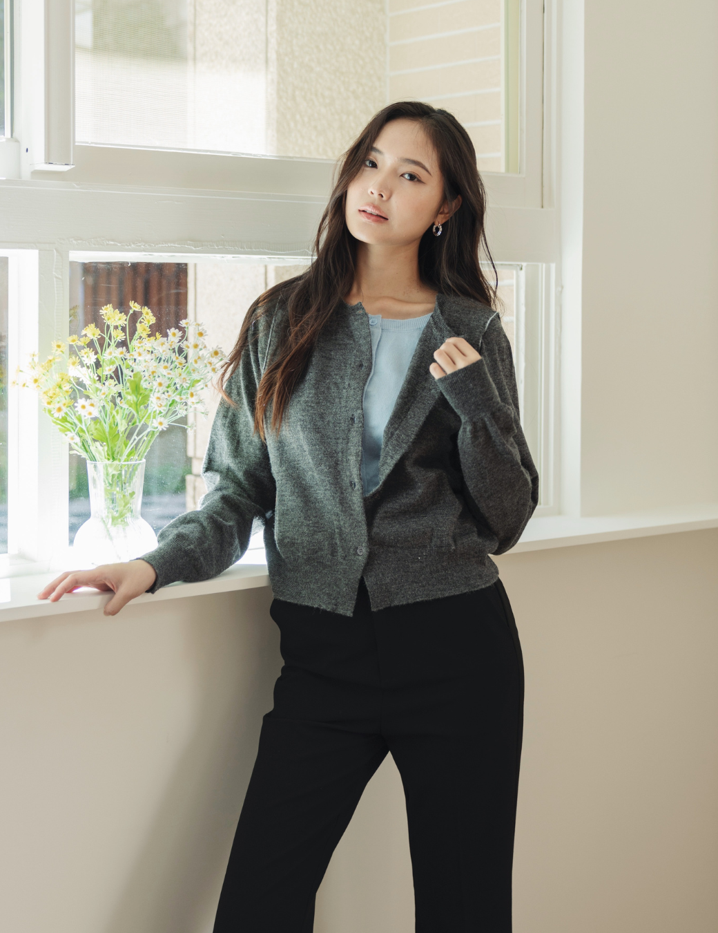 假兩件配色造型針織上衣（灰色/2尺寸）