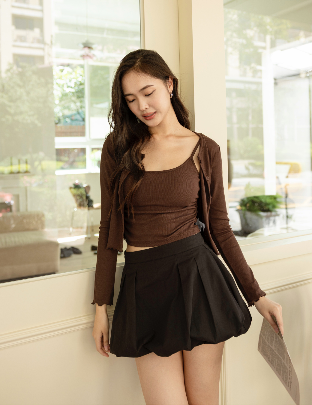 捲邊抓皺Bra Top背心套裝（深咖色/3尺寸）