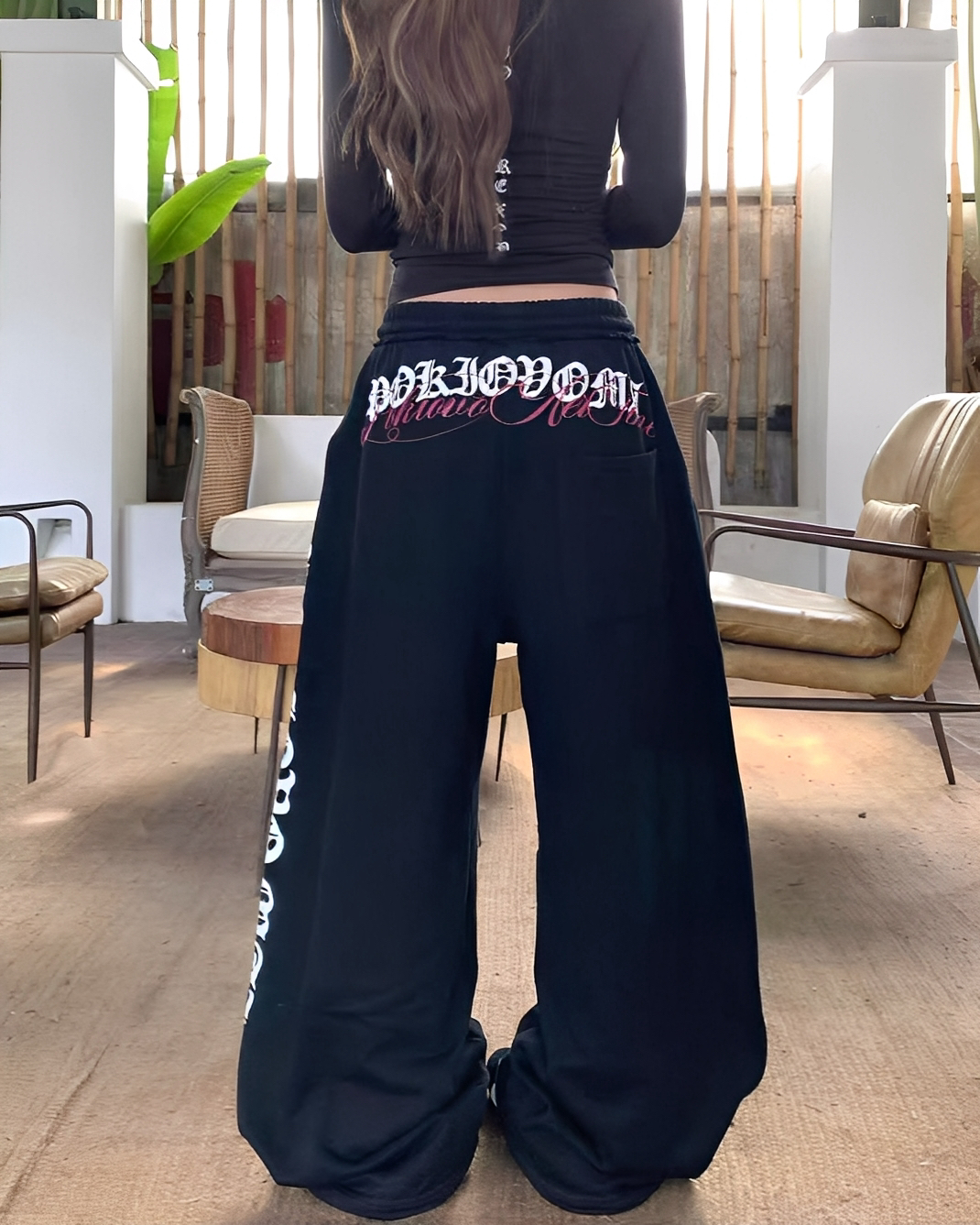 2色 美式 歌德 抽繩 寬鬆 棉質 長褲