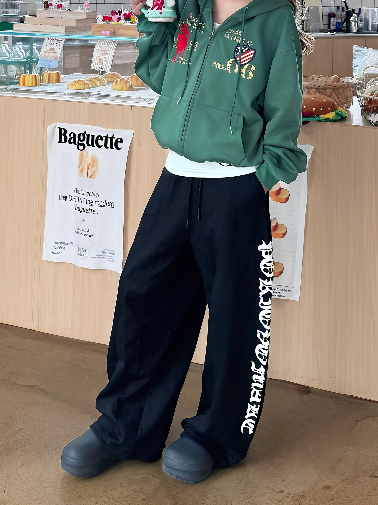 2色 美式 歌德 抽繩 寬鬆 棉質 長褲