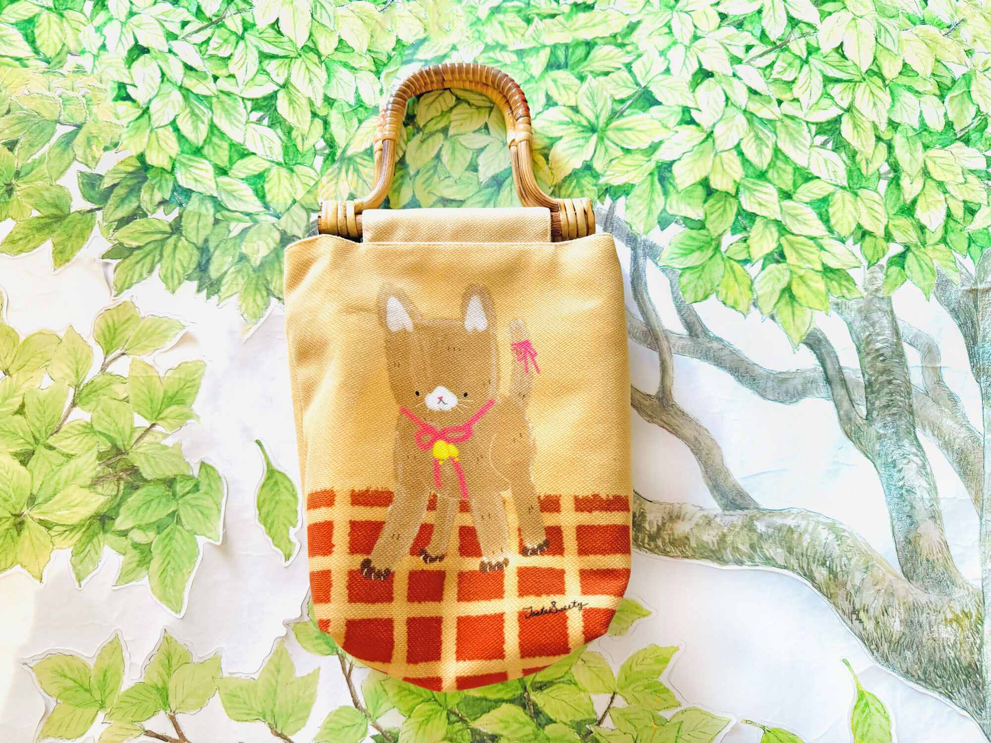 蝴蝶結貓竹藤提把帆布手提包