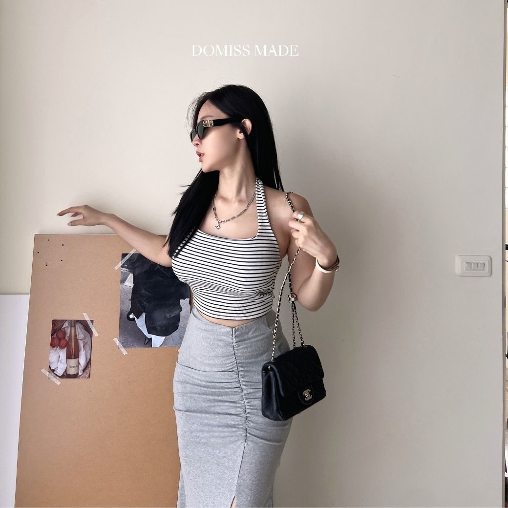 【DOMISS自訂】掛脖條紋背心 性感鎖骨x氛圍感必收-2色 掛脖上衣 露背 性感背心(現貨)