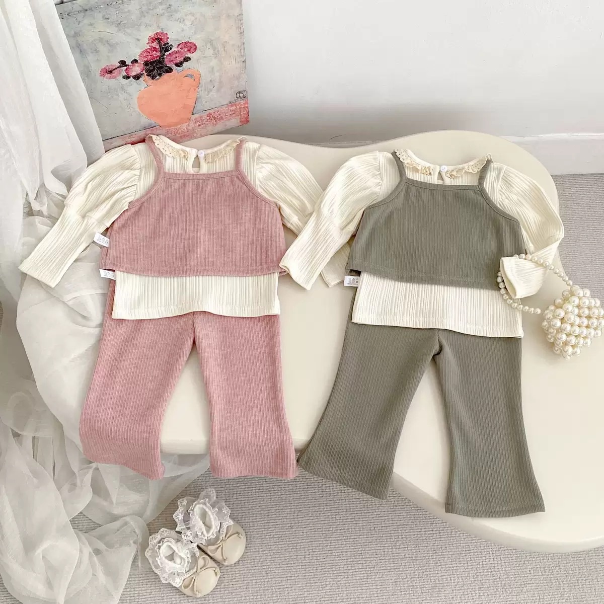 花邊澎袖上衣/小花疊穿背心喇叭褲套裝