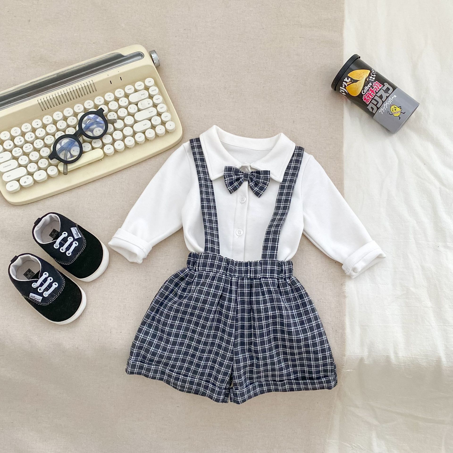 英倫感吊帶褲兩件組