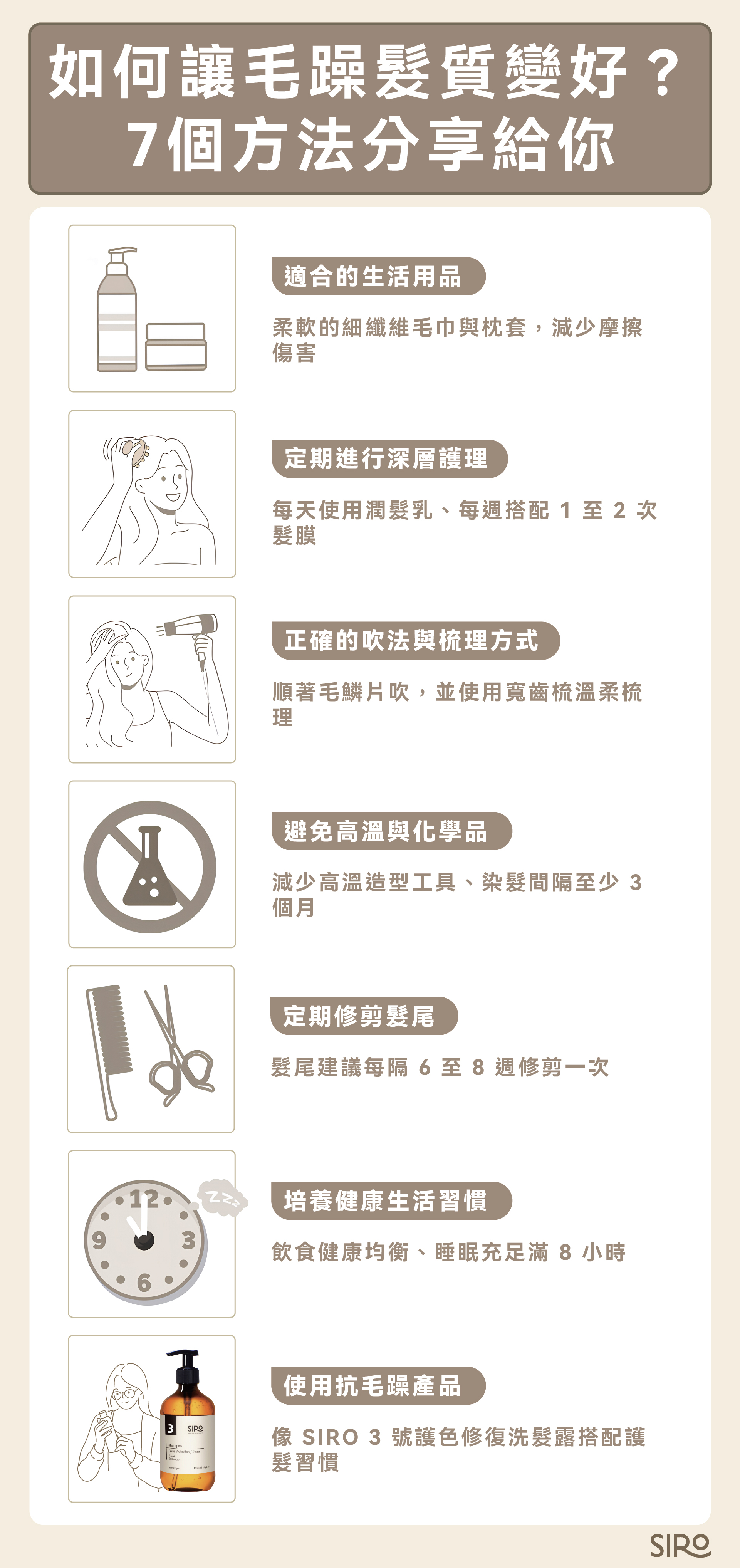 7 個護髮方法：適合的生活用品、定期深層護理、正確吹髮梳理方式、避免高溫化學品、定期修剪、健康生活習慣、使用抗毛躁髮品