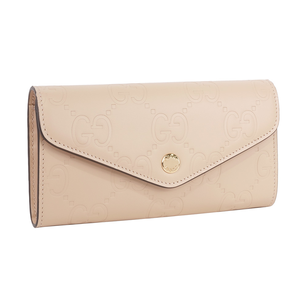 【GUCCI】大GG Logo 淡金釦翻蓋信封式長夾(米白色)
