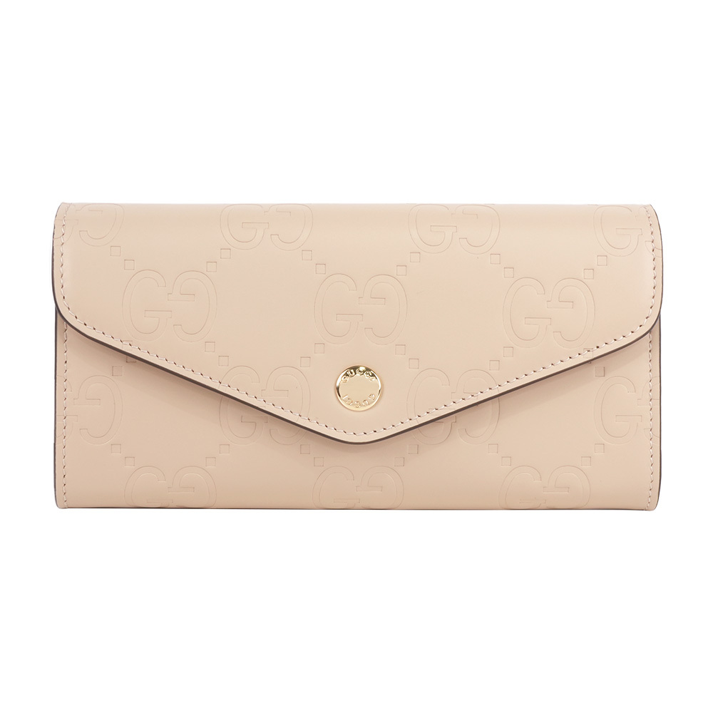 【GUCCI】大GG Logo 淡金釦翻蓋信封式長夾(米白色)