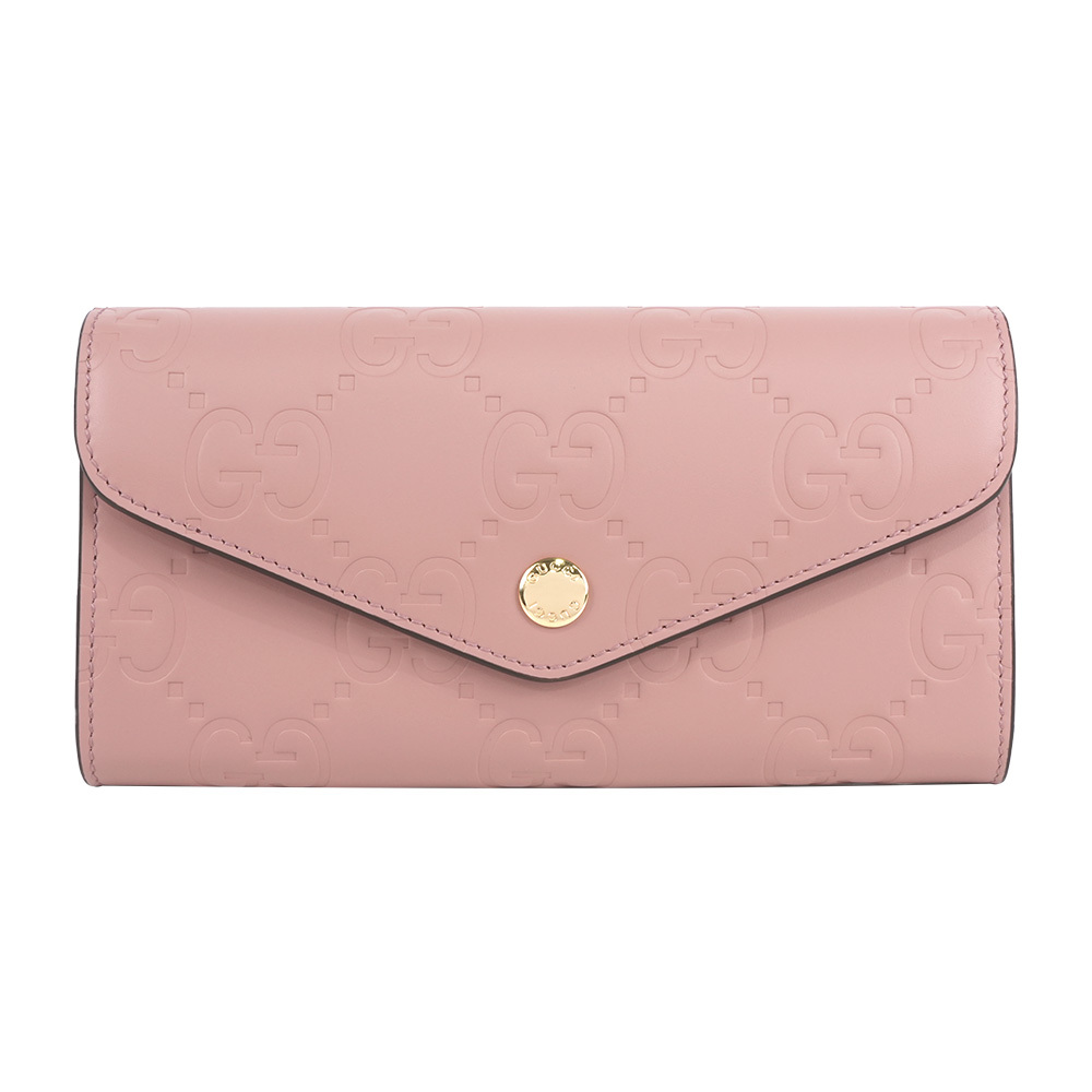 【GUCCI】大GG Logo 淡金釦翻蓋信封式長夾(玫瑰粉)