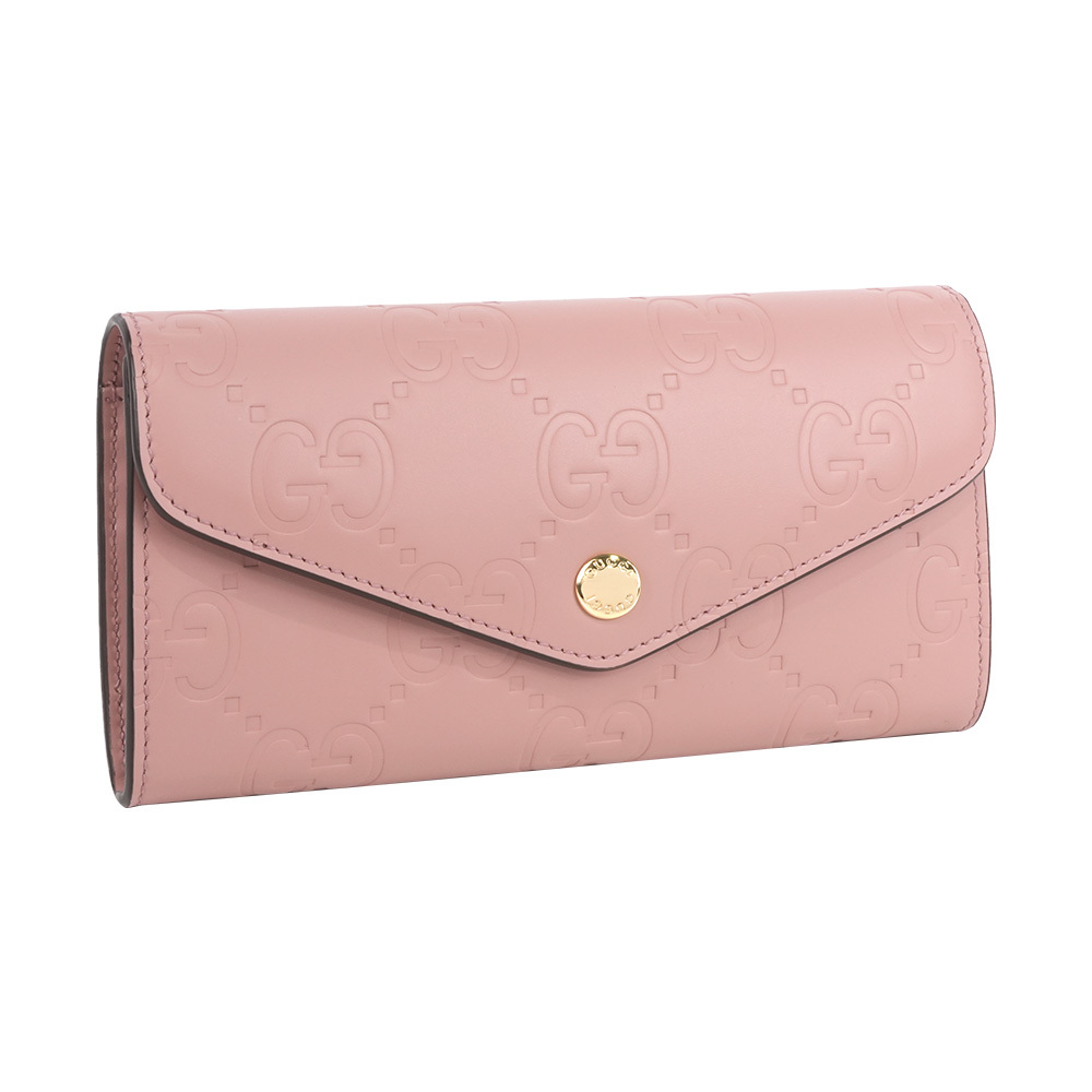 【GUCCI】大GG Logo 淡金釦翻蓋信封式長夾(玫瑰粉)