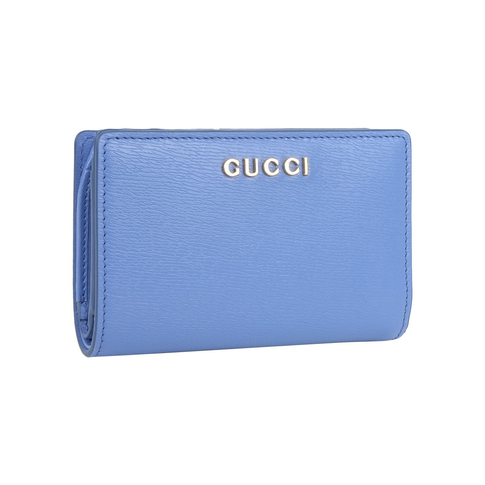 【GUCCI】金字Logo 拉鍊零錢袋暗釦二折中夾(藍紫色)