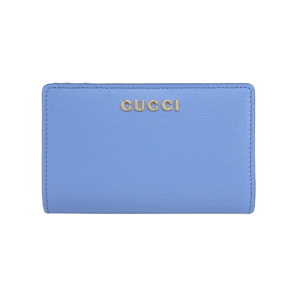 【GUCCI】金字Logo 拉鍊零錢袋暗釦二折中夾(藍紫色)