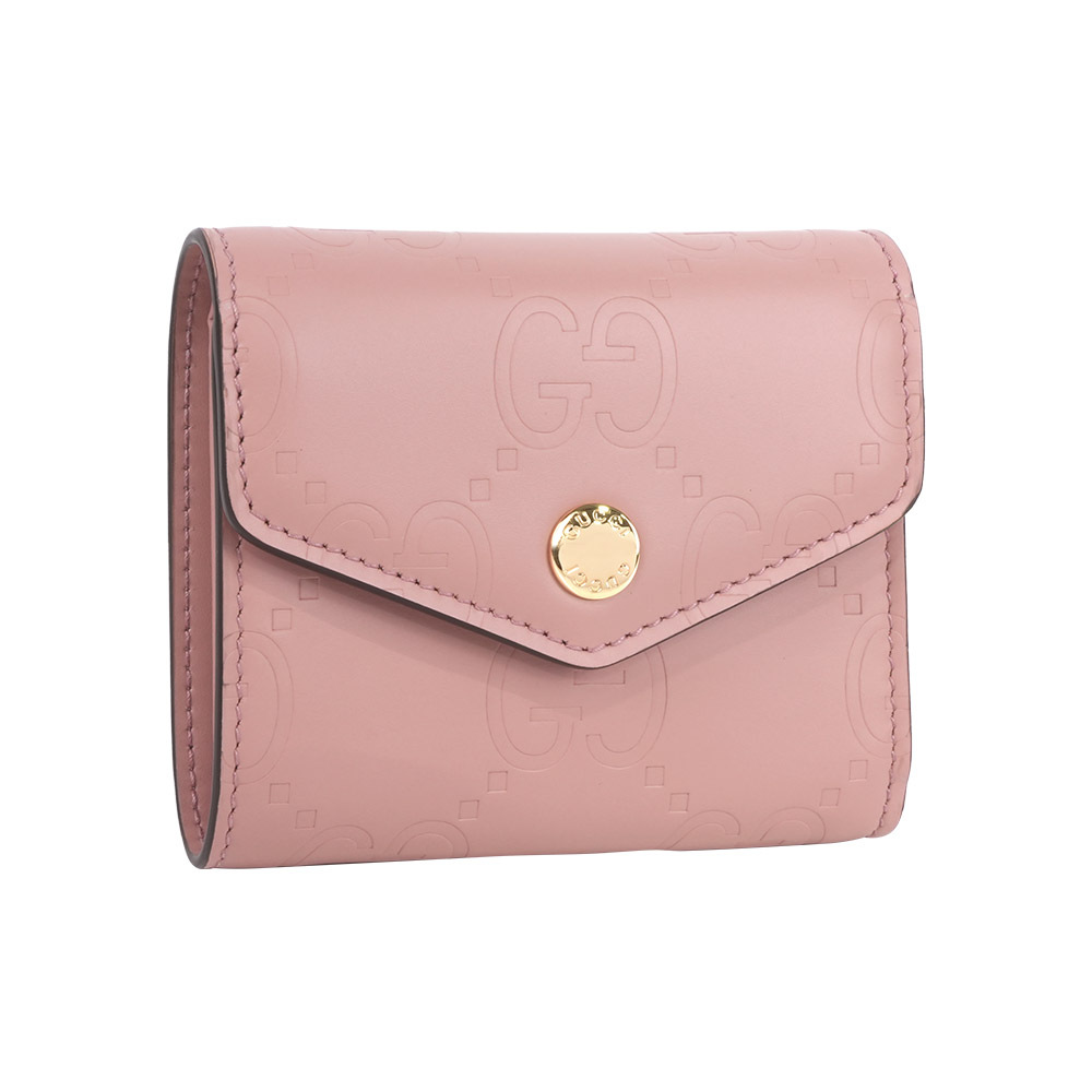 【GUCCI】GG Logo 牛皮壓紋釦式三折短夾(玫瑰粉)