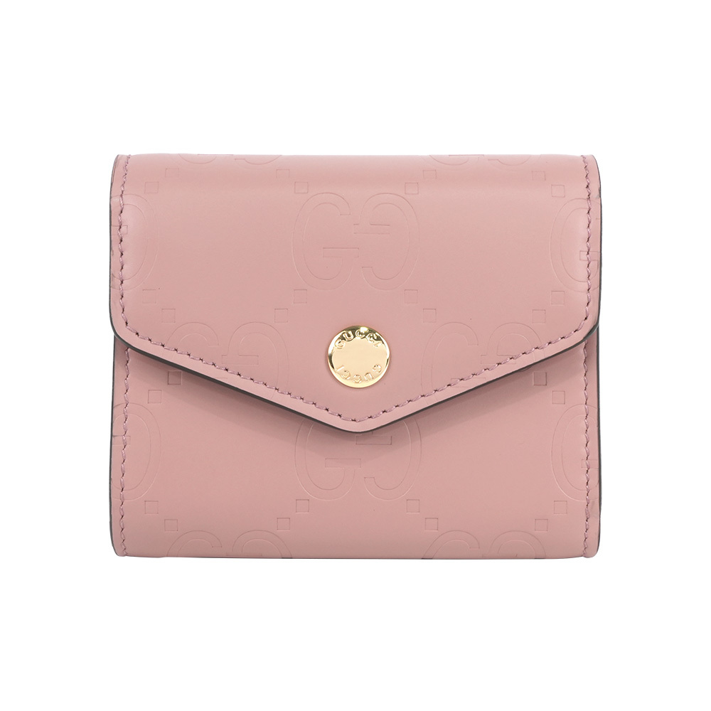 【GUCCI】GG Logo 牛皮壓紋釦式三折短夾(玫瑰粉)