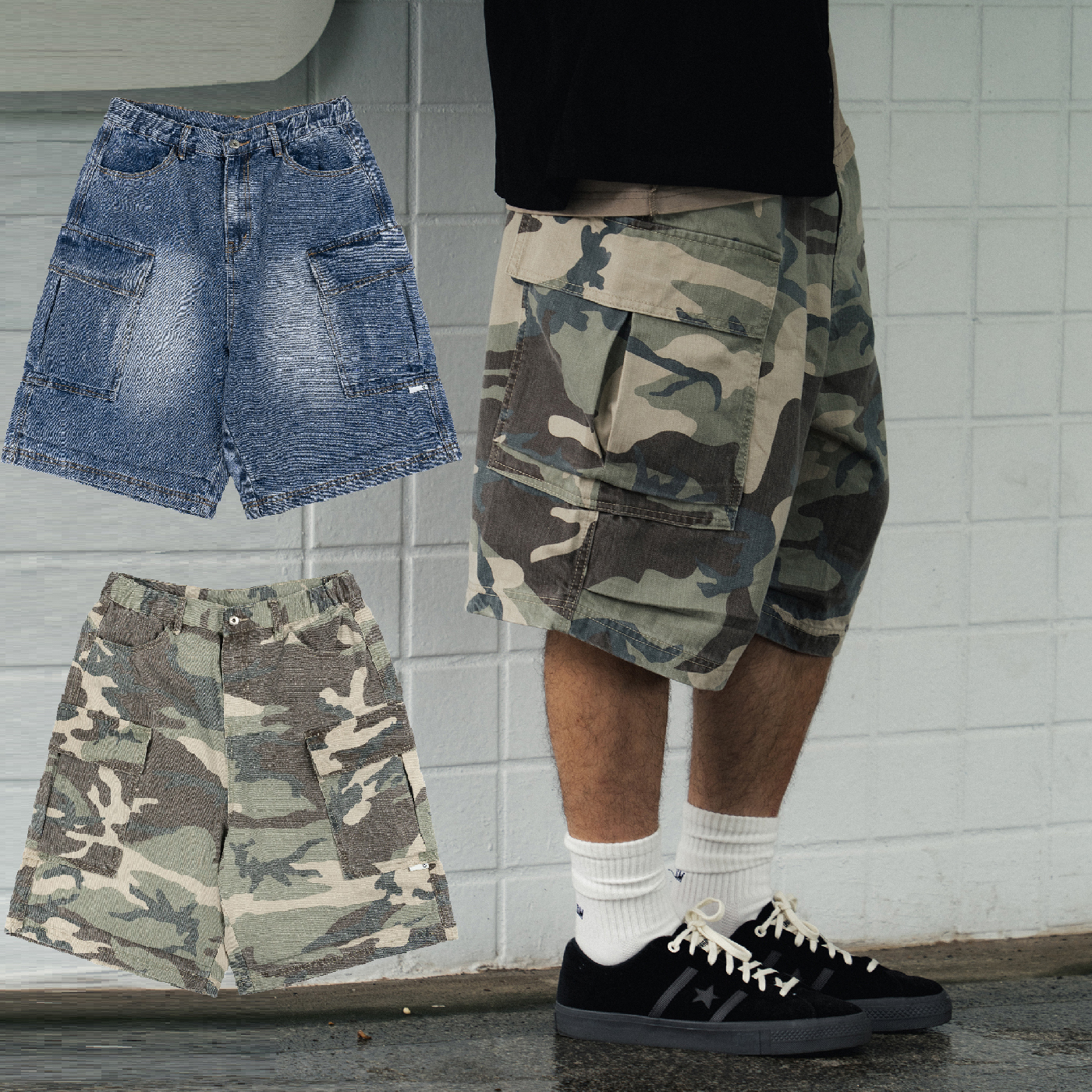 idealism CAMOCARGO JORTS 單寧牛仔 迷彩 摺袋 五分褲 短褲【ID25018】