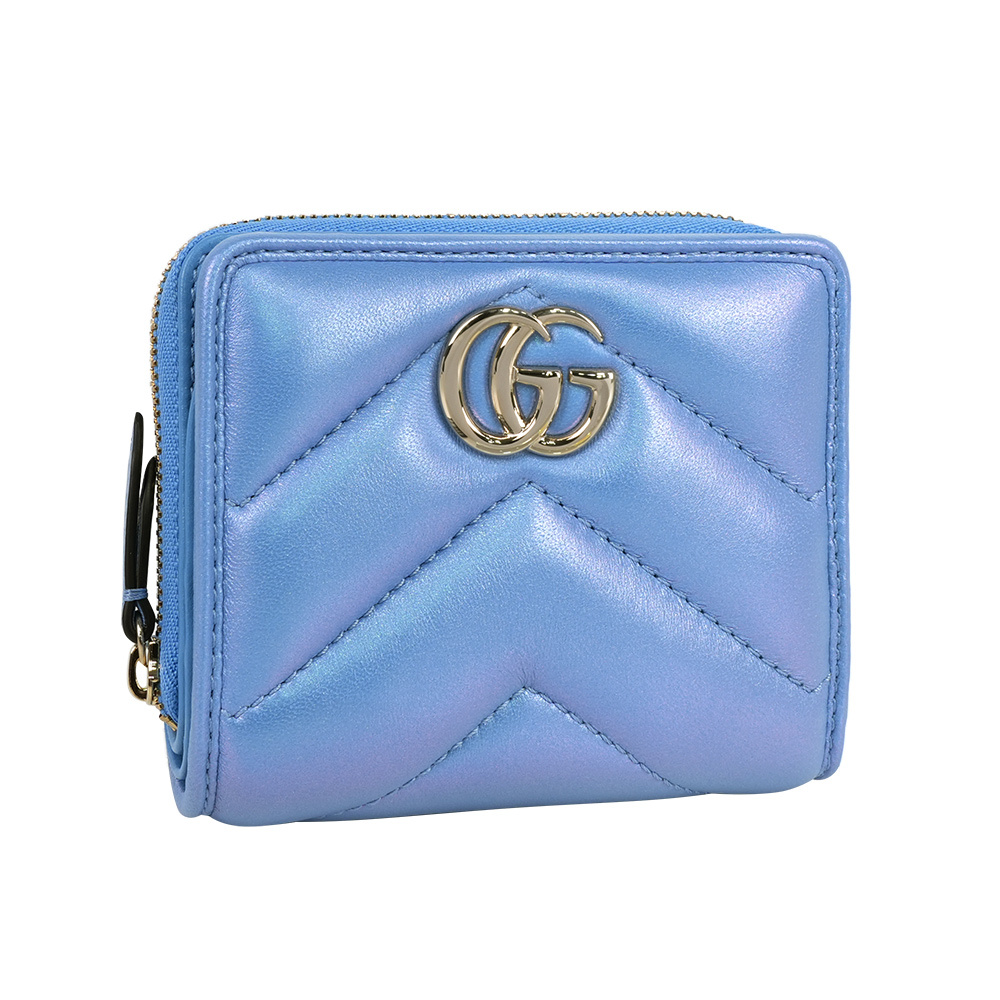 【GUCCI】GG Marmont 銀字二折釦式短夾(珠光藍)