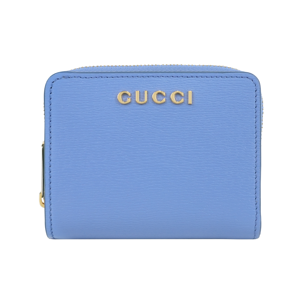 【GUCCI】金字Logo 拉鍊零錢袋暗釦二折短夾(藍紫色)