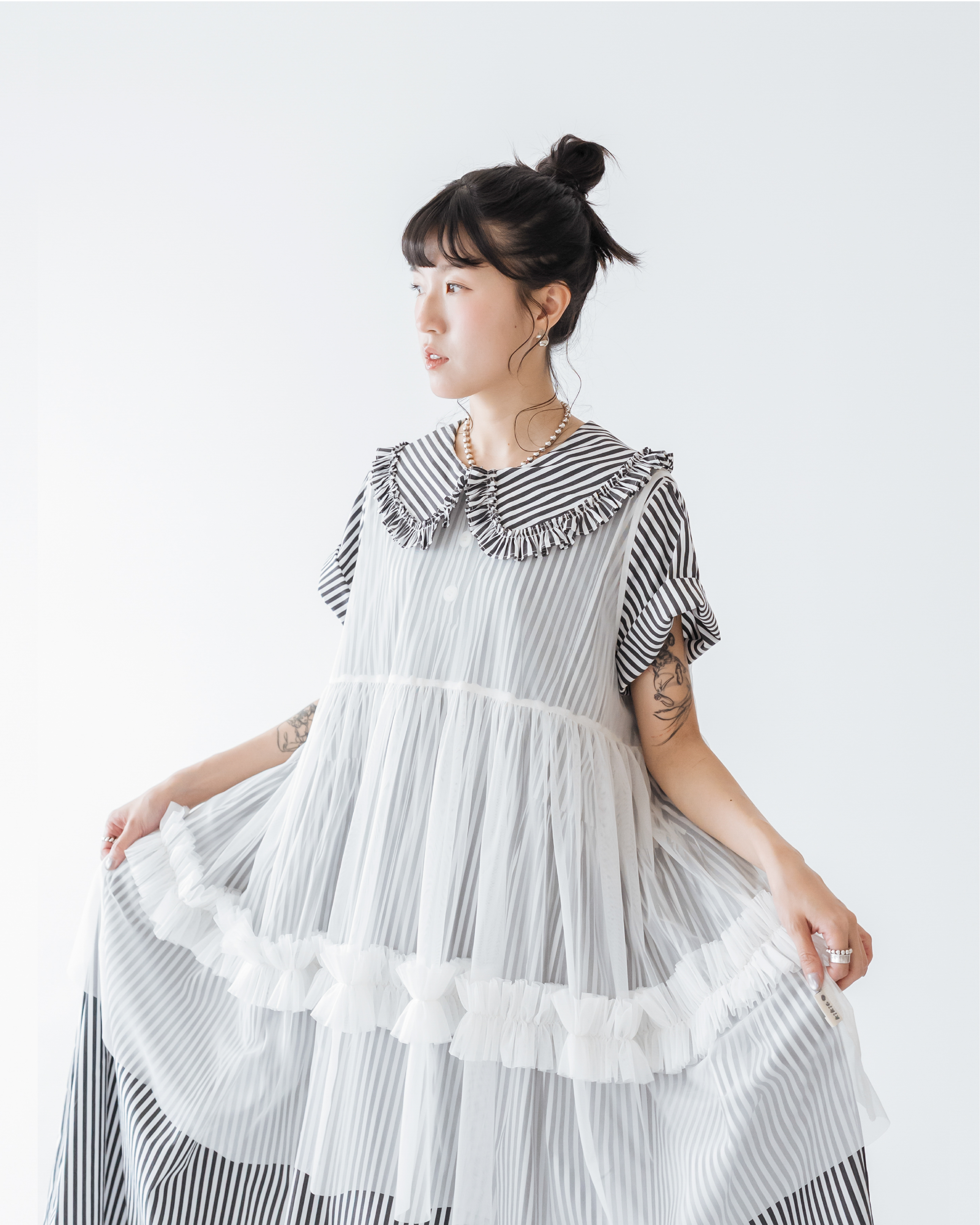 【 Kiki.co Made 】Kiki And Bouba Ruffle Collar Dress - Striped
