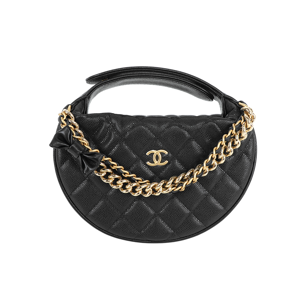 【CHANEL】CC Logo 蝴蝶結鍊飾牛皮迷你手提彎月包/呼拉圈包(黑色)