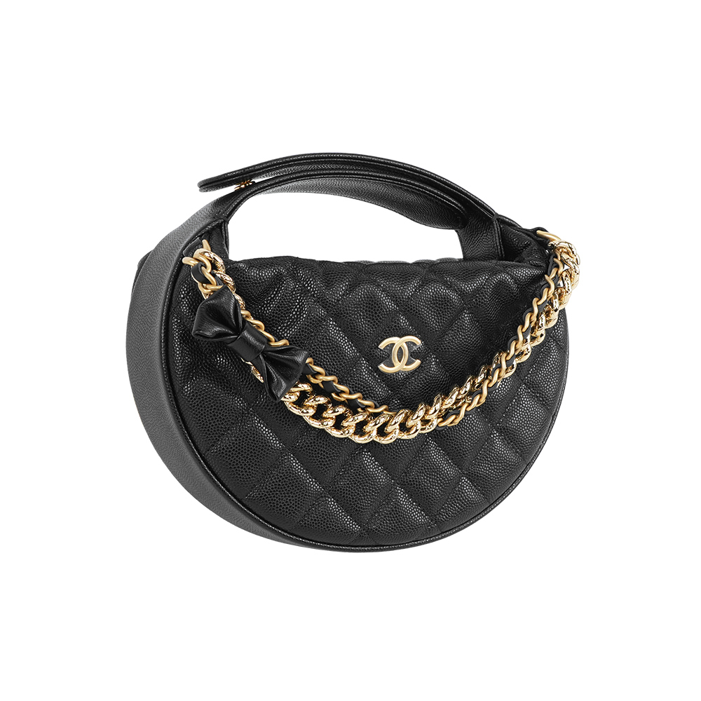 【CHANEL】CC Logo 蝴蝶結鍊飾牛皮迷你手提彎月包/呼拉圈包(黑色)