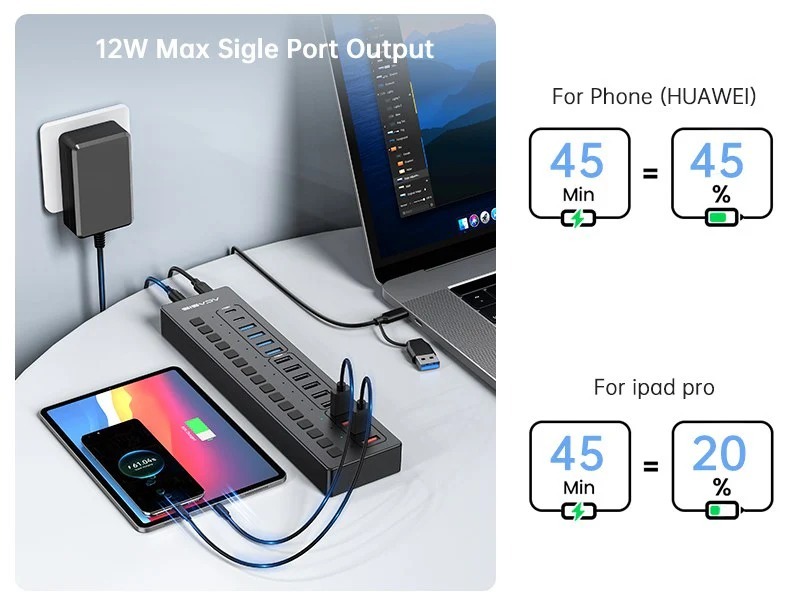 Acasis DS-516PB 16 Port Usb-C 5Gbps Smart Charging Hub Splitter Powered Switch