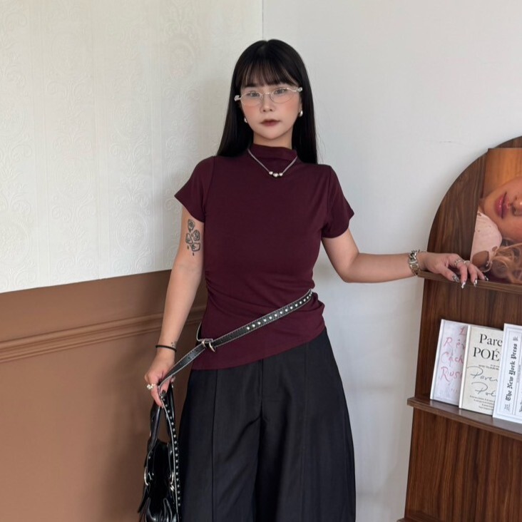 秋訊影像詩 下斜角抓皺立領短袖上衣