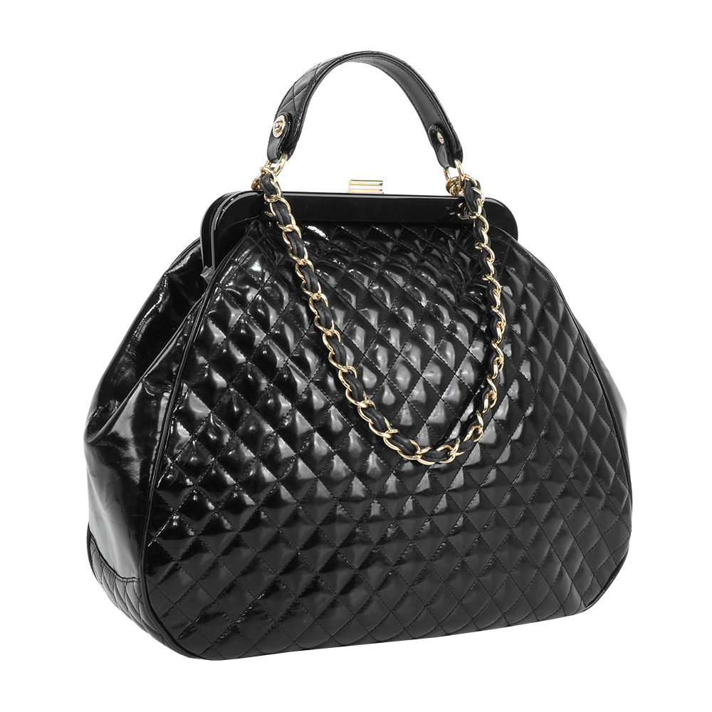 【CHANEL】漆皮菱格紋口金包造型手提/肩背二用包(黑色)