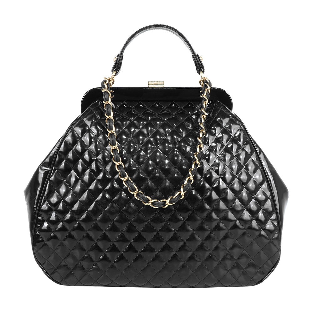 【CHANEL】漆皮菱格紋口金包造型手提/肩背二用包(黑色)