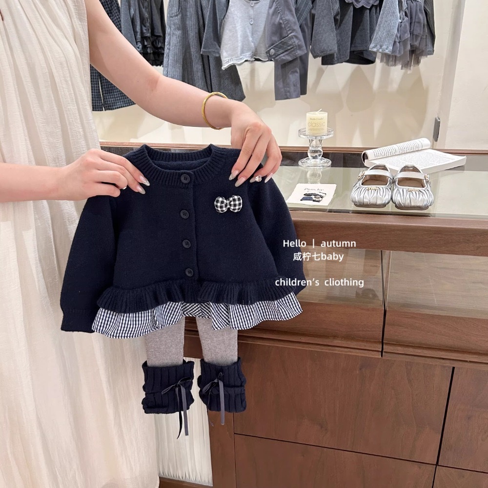 格子拼接蝴蝶結外套+灰拼藍蝴蝶結內搭褲