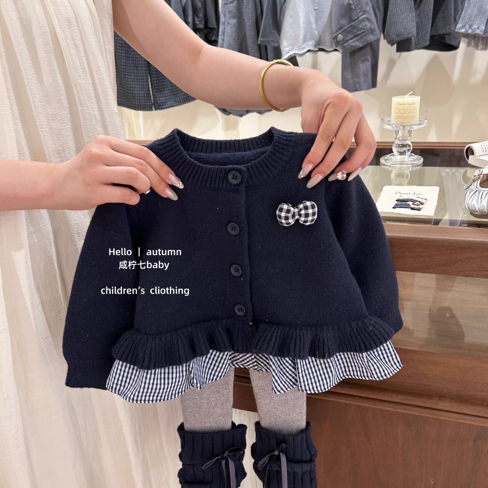 格子拼接蝴蝶結外套+灰拼藍蝴蝶結內搭褲