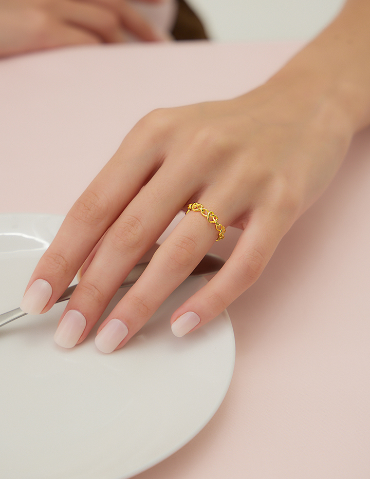 【925純銀】串串愛心可調式戒指(金)