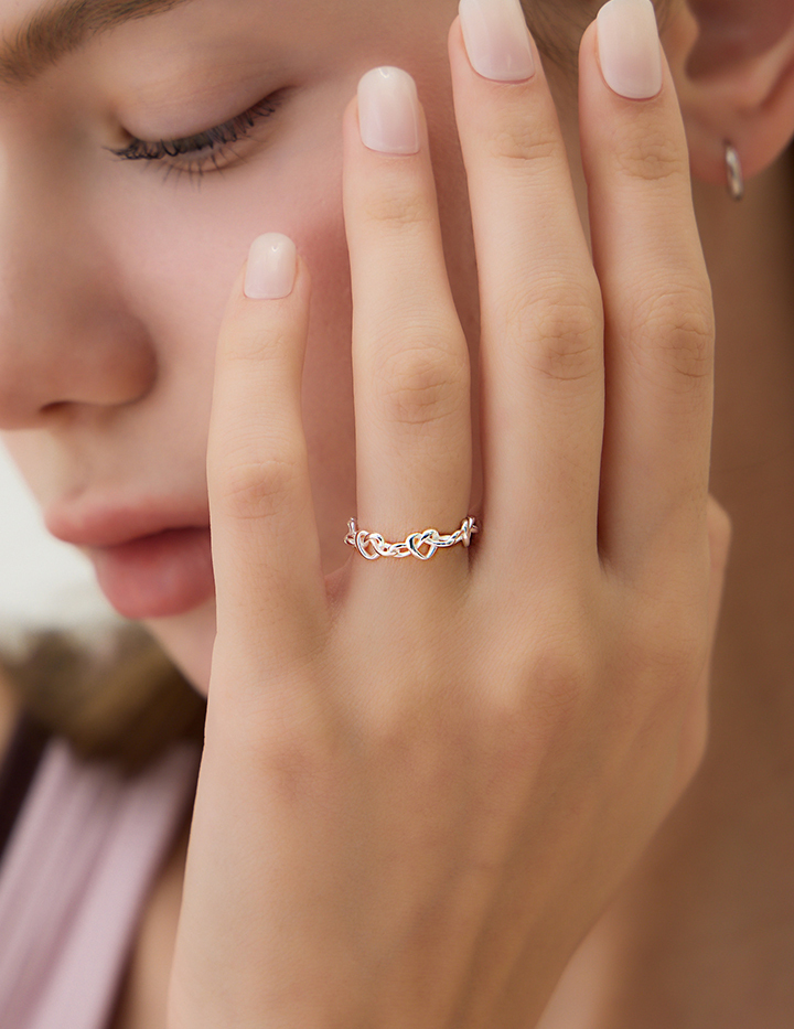 【925純銀】串串愛心可調式戒指(銀)