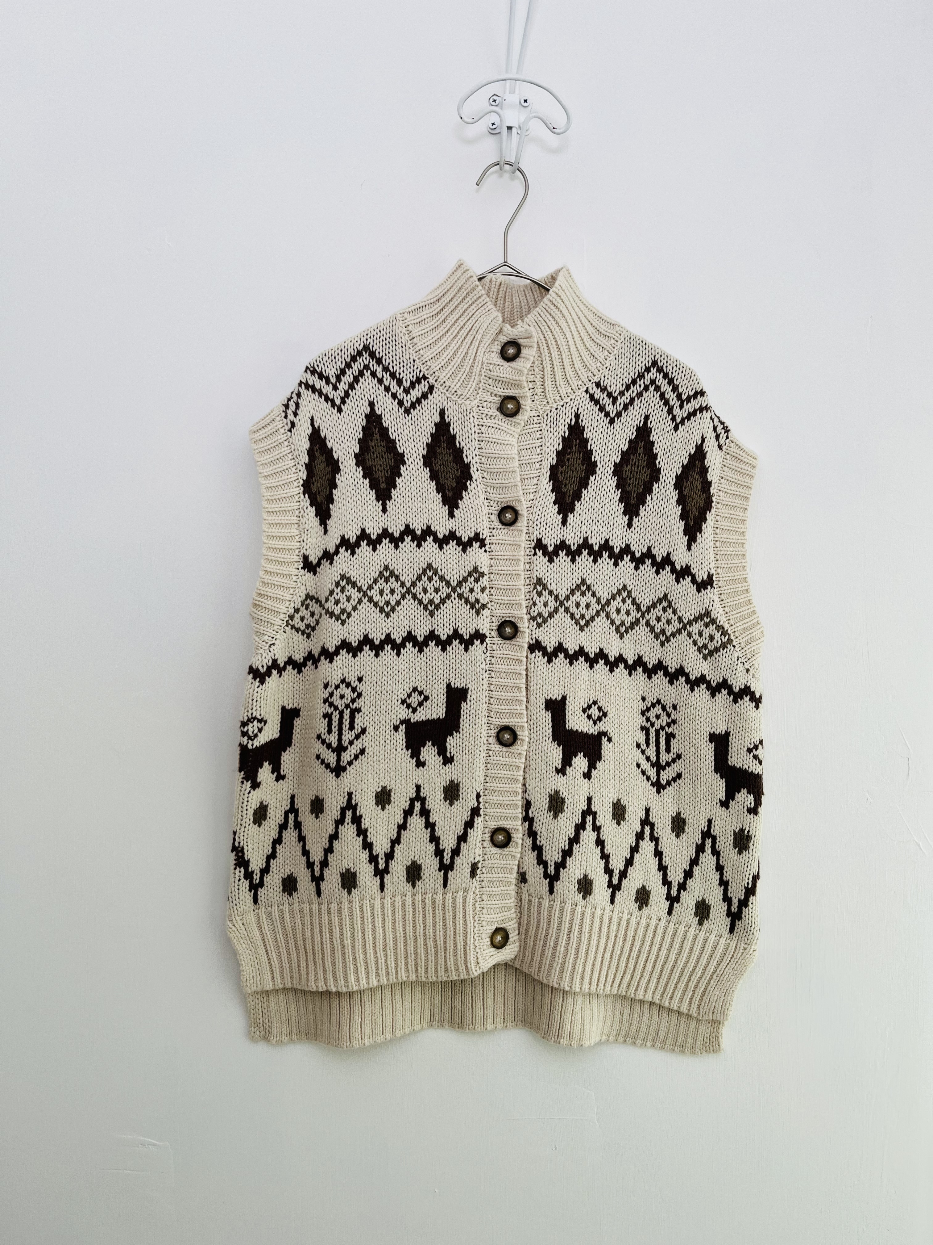 米色針織企領背心外套