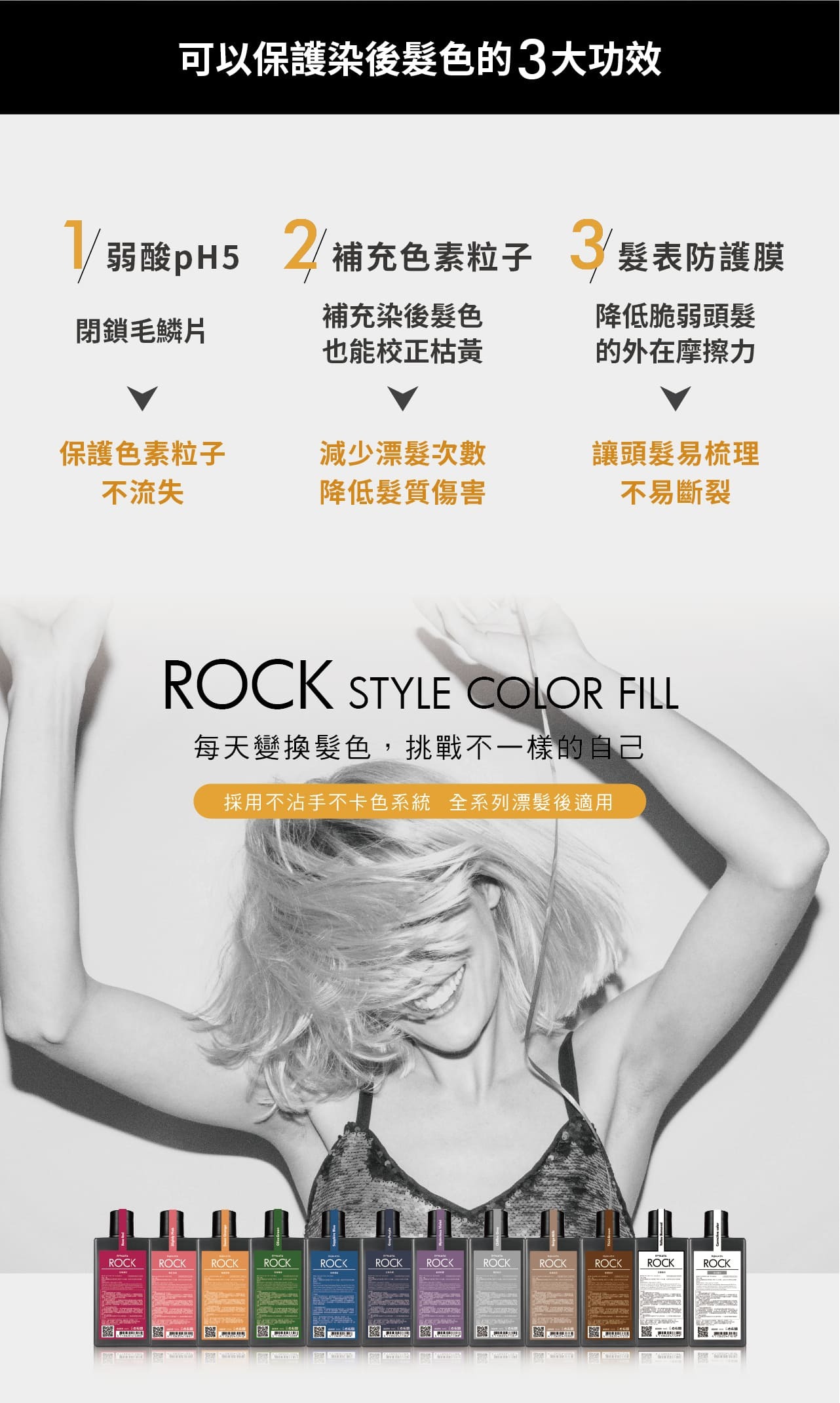 可以保護染後髮色的3大功效,弱酸PH5,閉鎖毛鱗片,補充色素粒子,補充染後髮色也能校正枯黃,髮表防護膜,降低脆弱頭髮的外在摩擦力,每天變換髮色,挑戰不一樣的自己,補色洗,灰紫桔梗,矯色,補色,換色
