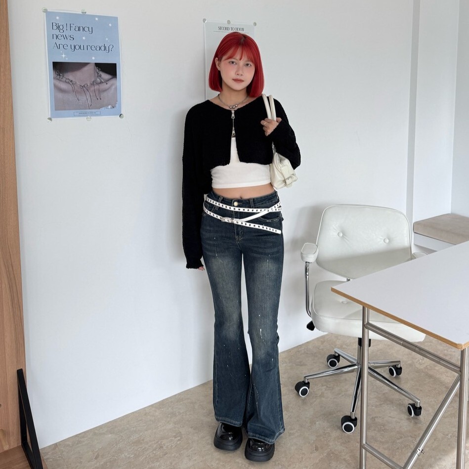 修身直覺!微潑漆提臀牛仔喇叭褲