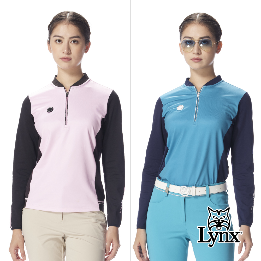 【Lynx Golf】女款合身版吸濕排汗保暖舒適圓領拉鍊拼接撞色長T