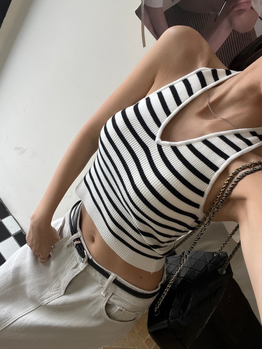 條紋掛脖針織背心(附胸墊)*4色