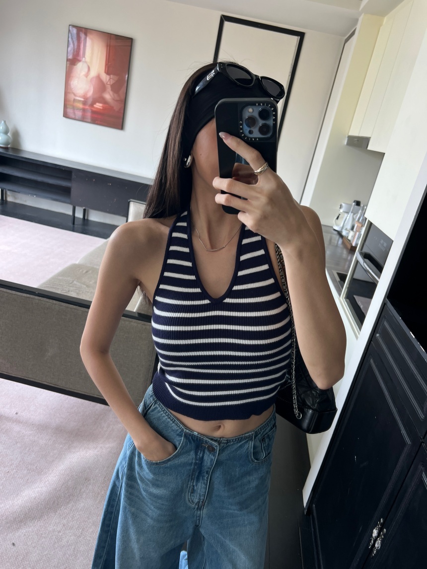 條紋掛脖針織背心(附胸墊)*4色