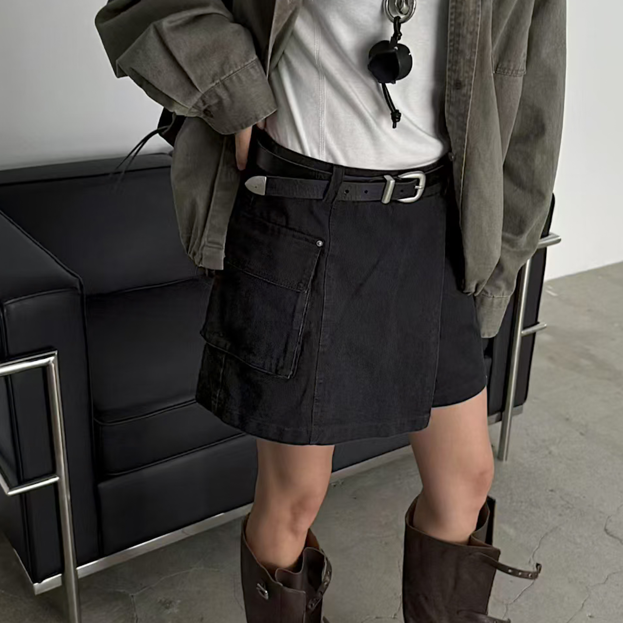 SP08假兩層修身水洗牛仔短褲裙(黑S/M)