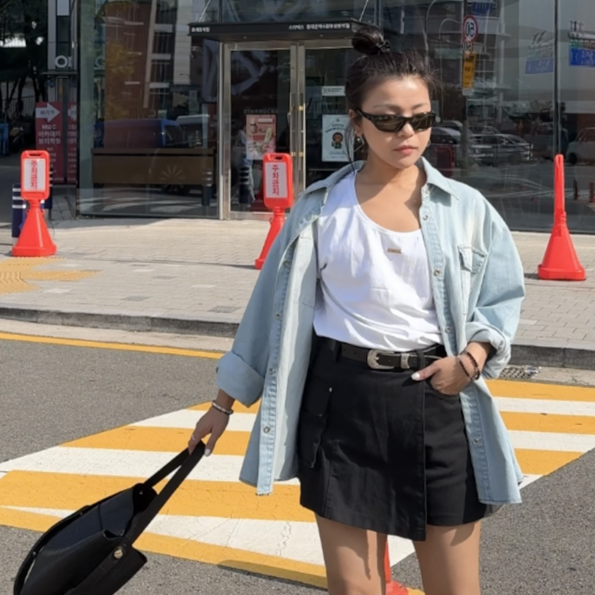 SP08假兩層修身水洗牛仔短褲裙(黑S/M)