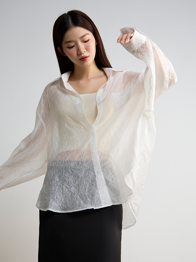 OH!HER 單口袋皺褶輕透天絲襯衫