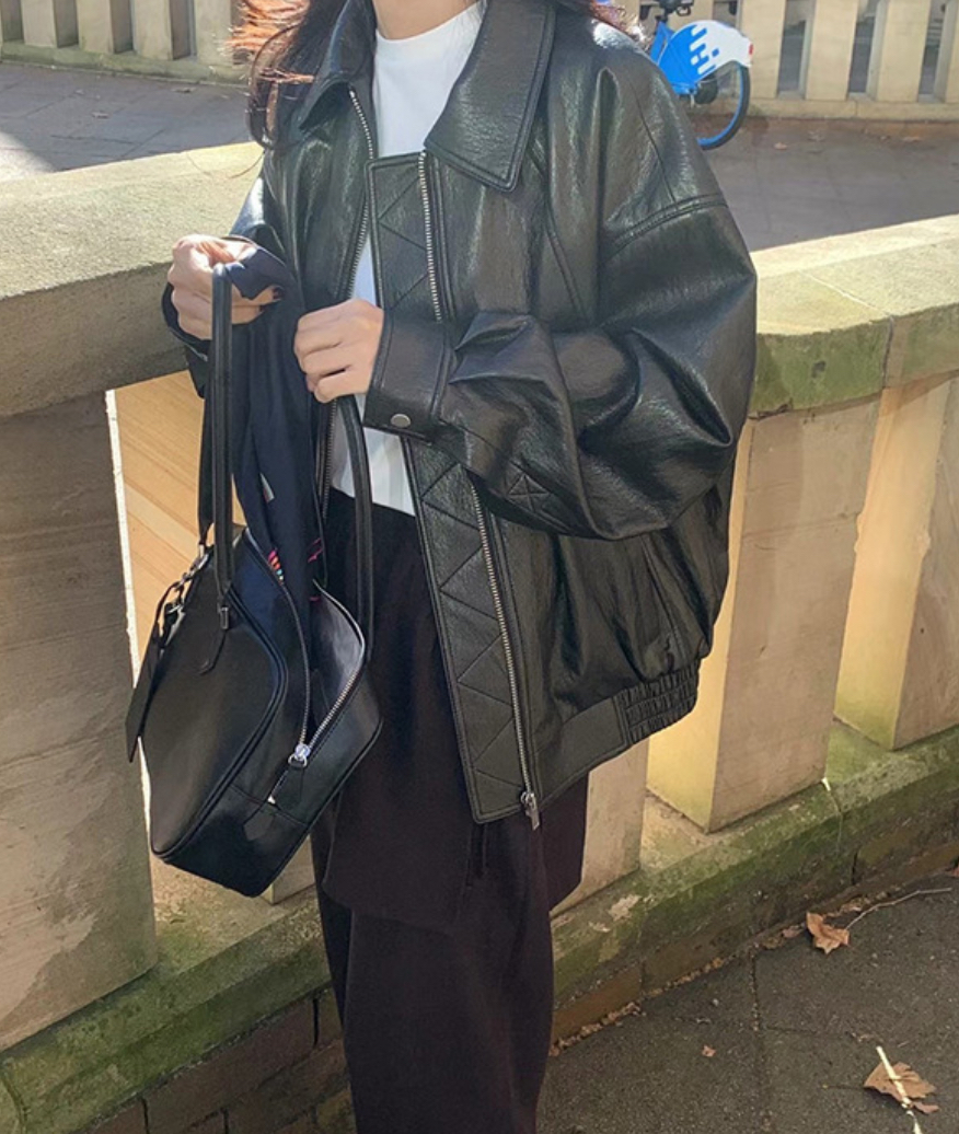 ᴷᴼᴿᴱᴬ 🇰🇷 Underson復古膨鬆俏皮率性感皮衣外套(兩色)