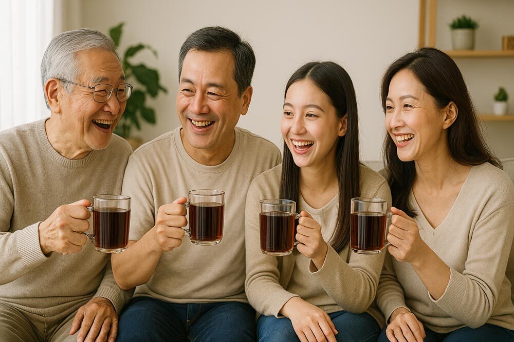 一家人喝黑豆茶的情境
