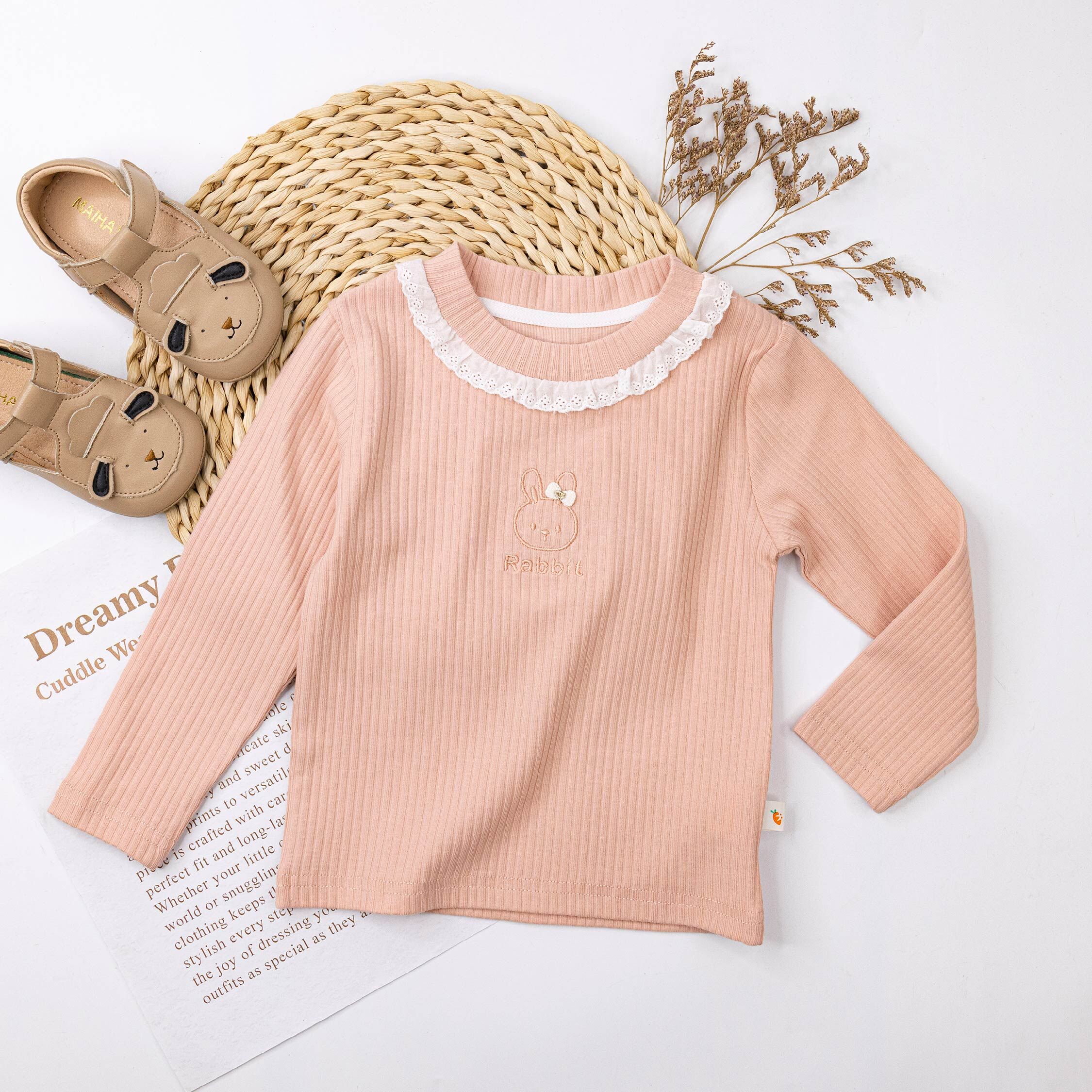 【H55309】粉嫩兔兔坑條紋上衣/內搭衣