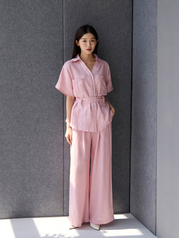 OH!HER 亞麻鬆緊休閒寬褲