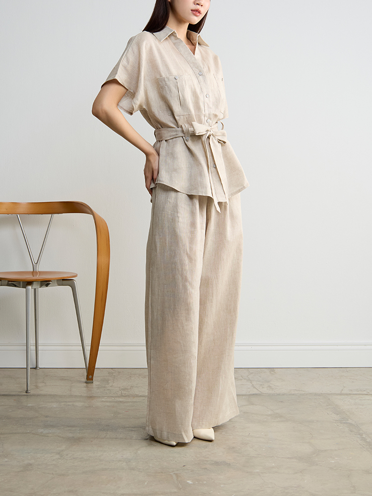 OH!HER 亞麻鬆緊休閒寬褲