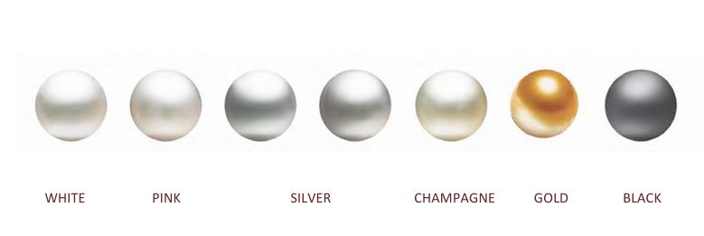 Cultured pearls with different natural colour, including white, pink, silver, champagne, gold, and black.