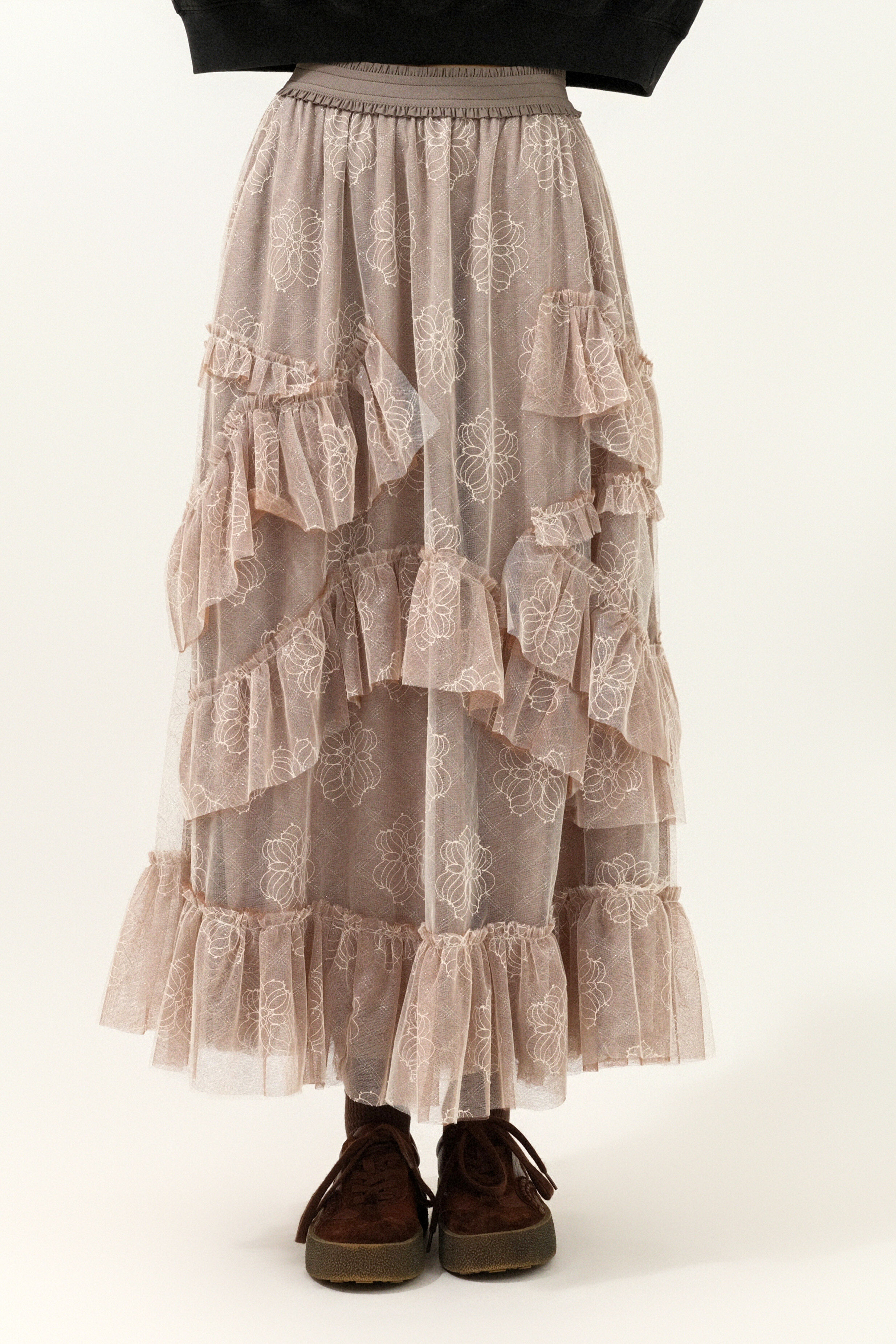 不規則荷葉車花網紗裙（現貨款式）